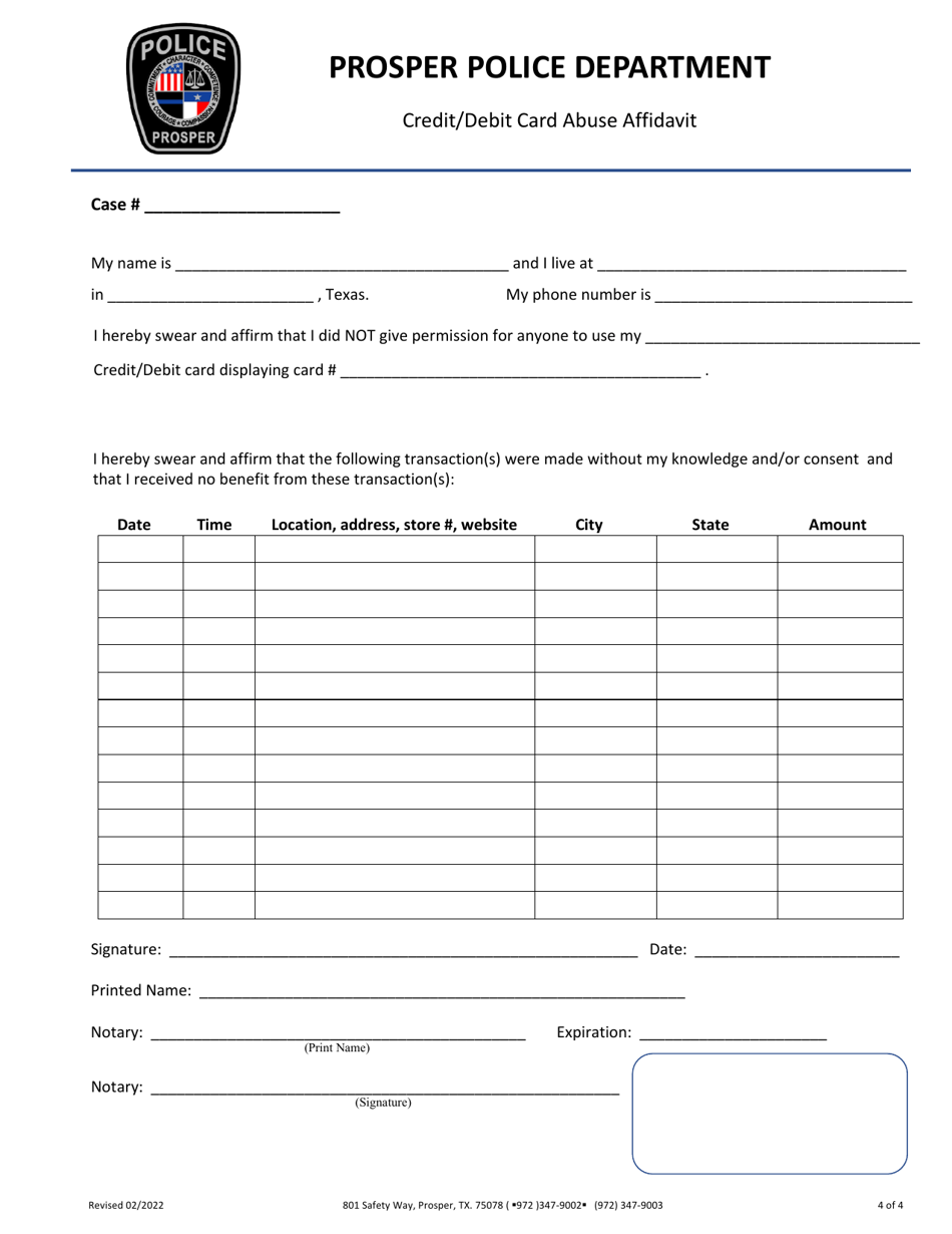 Credit / Debit Card Abuse Form and Affidavit - Town of Prosper, Texas, Page 4