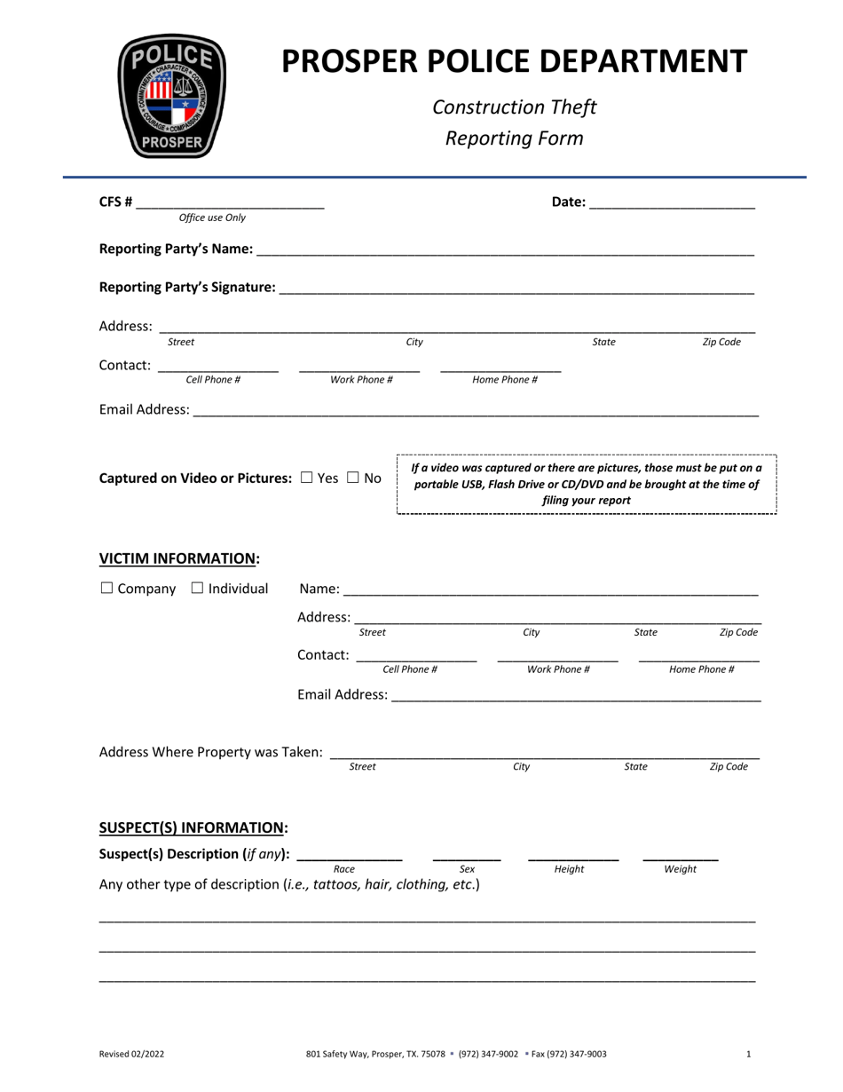 Construction Theft Reporting Form - Town of Prosper, Texas, Page 1