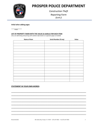 Construction Theft Reporting Form - Town of Prosper, Texas, Page 2