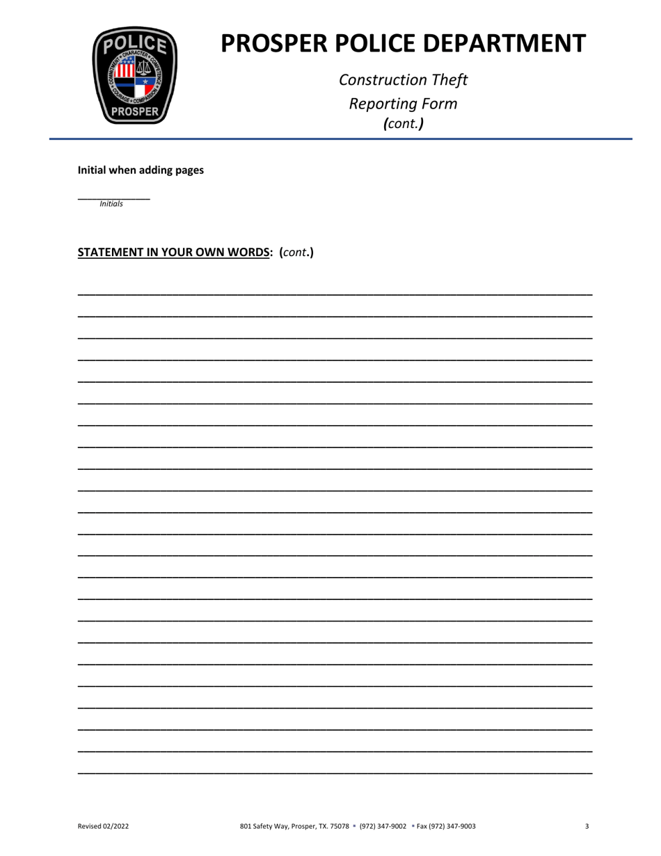 Construction Theft Reporting Form - Town of Prosper, Texas, Page 3