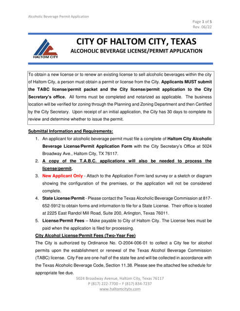 Alcoholic Beverage License/Permit Application - Haltom City, Texas Download Pdf