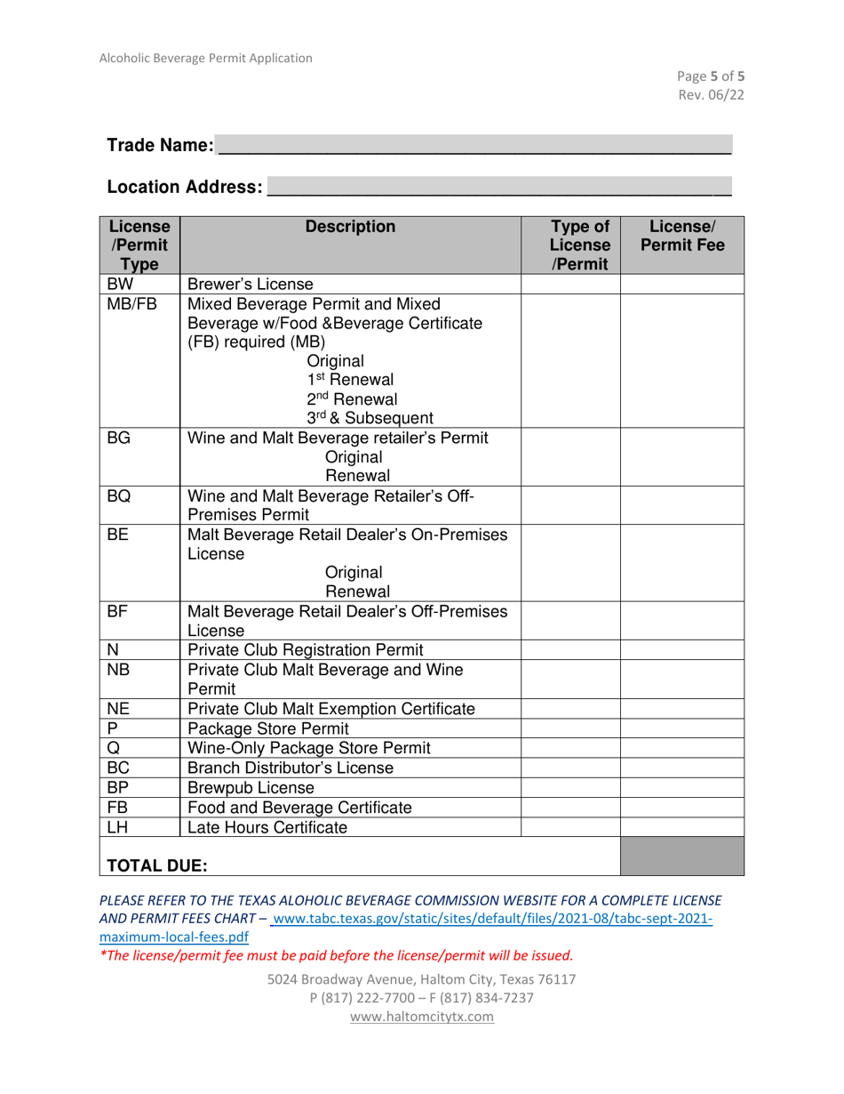 Alcoholic Beverage License / Permit Application - Haltom City, Texas, Page 5