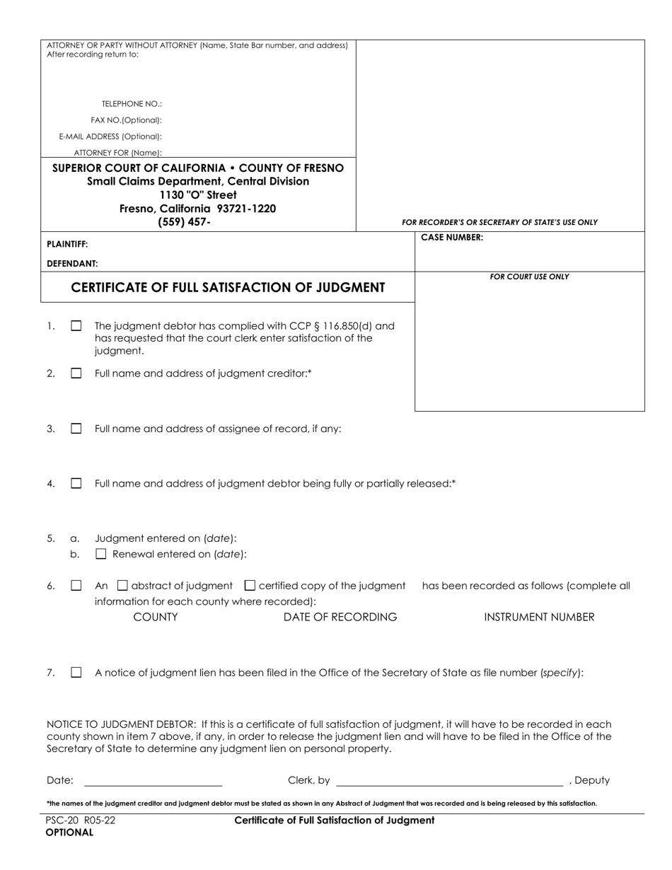 Form PSC-20 Certificate of Full Satisfaction of Judgment - County of Fresno, California, Page 1