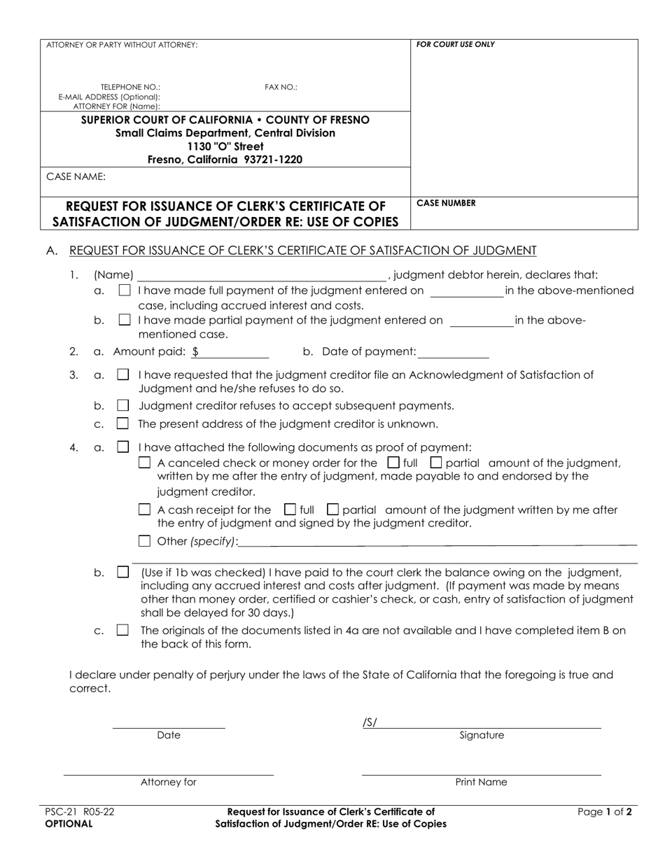 Form PSC-21 Request for Issuance of Clerks Certificate of Satisfaction of Judgment / Order Re: Use of Copies - County of Fresno, California, Page 1