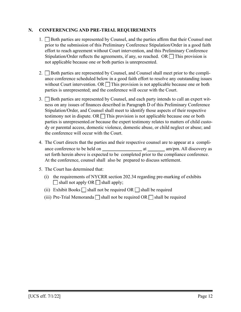 Preliminary Conference Stipulation / Order Contested Matrimonial - New York, Page 12