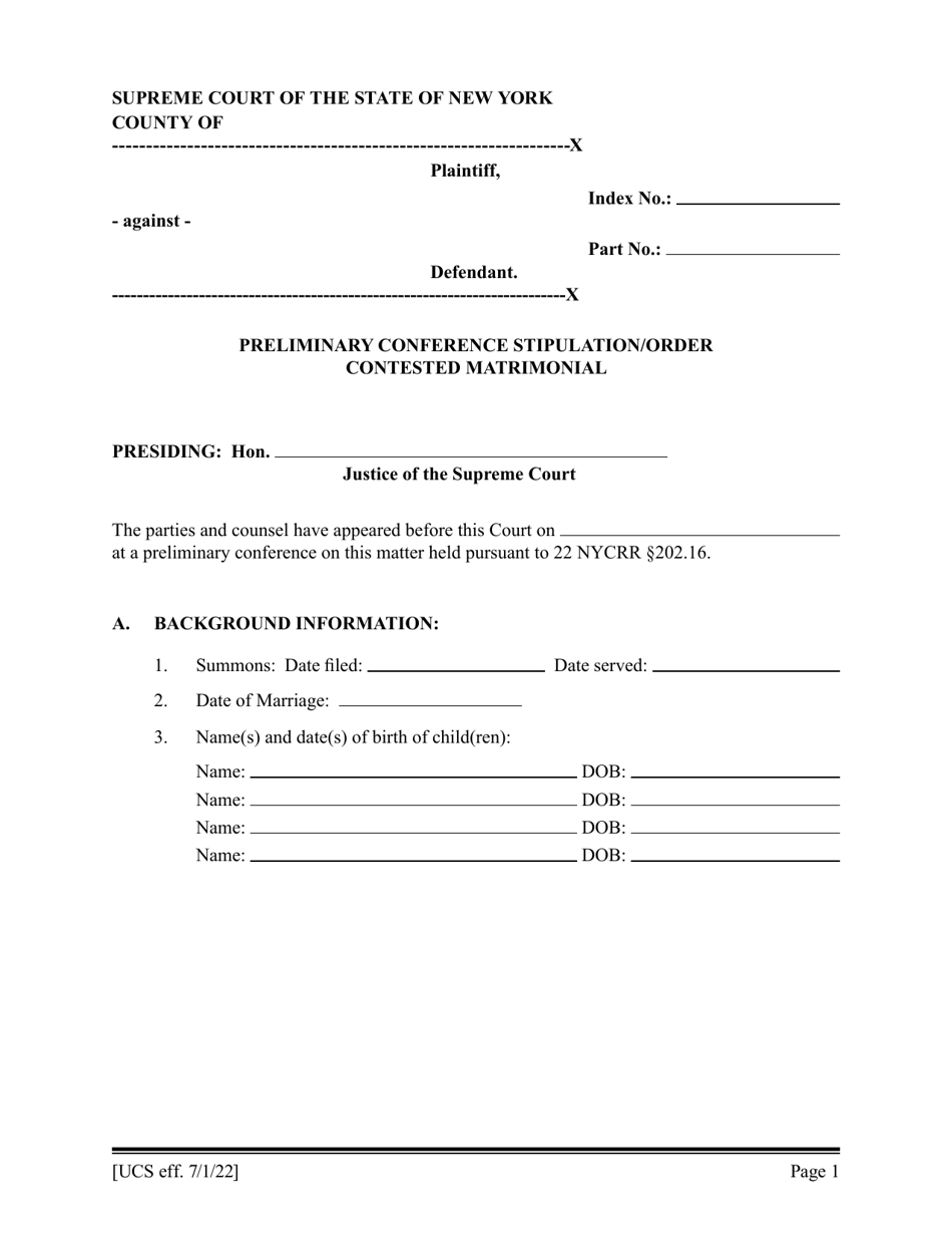Preliminary Conference Stipulation / Order Contested Matrimonial - New York, Page 1