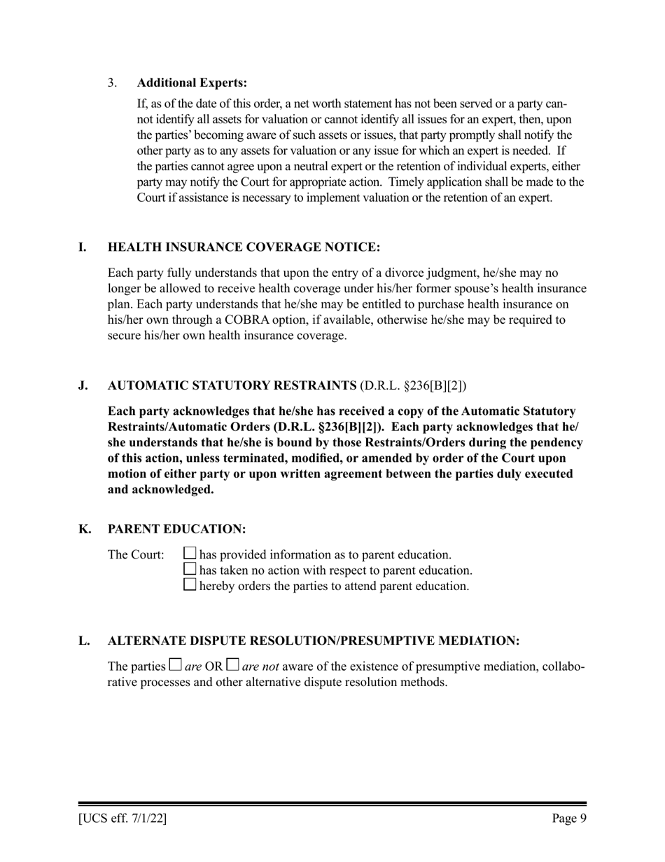 Preliminary Conference Stipulation / Order Contested Matrimonial - New York, Page 9