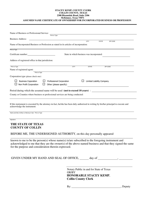 Assumed Name Certificate of Ownership for Incorporated Business or Profession - Collin County, Texas Download Pdf