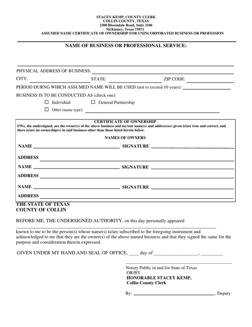 Assumed Name Certificate of Ownership for Unincorporated Business or Profession - Collin County, Texas Download Pdf