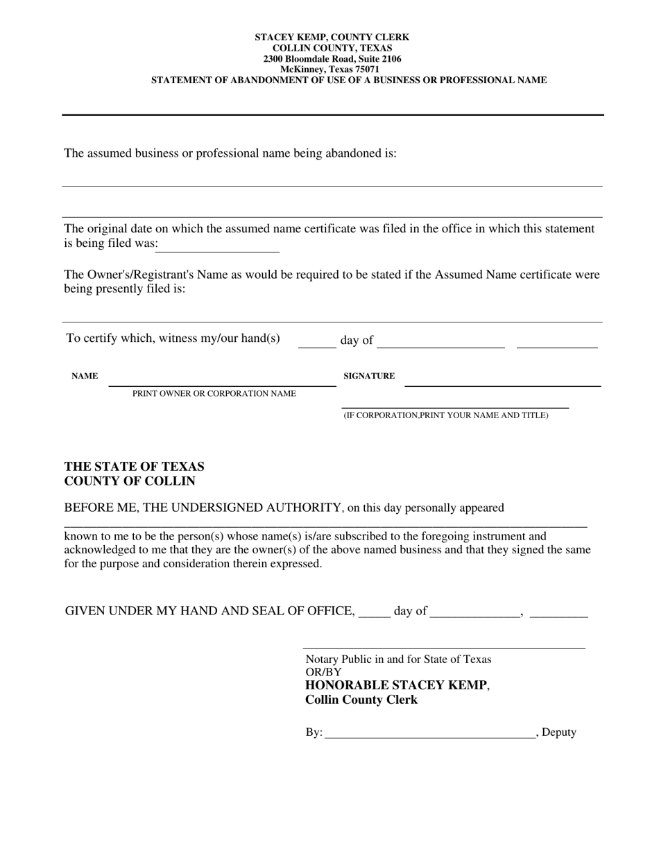 Statement of Abandonment of Use of a Business or Professional Name - Collin County, Texas, Page 1
