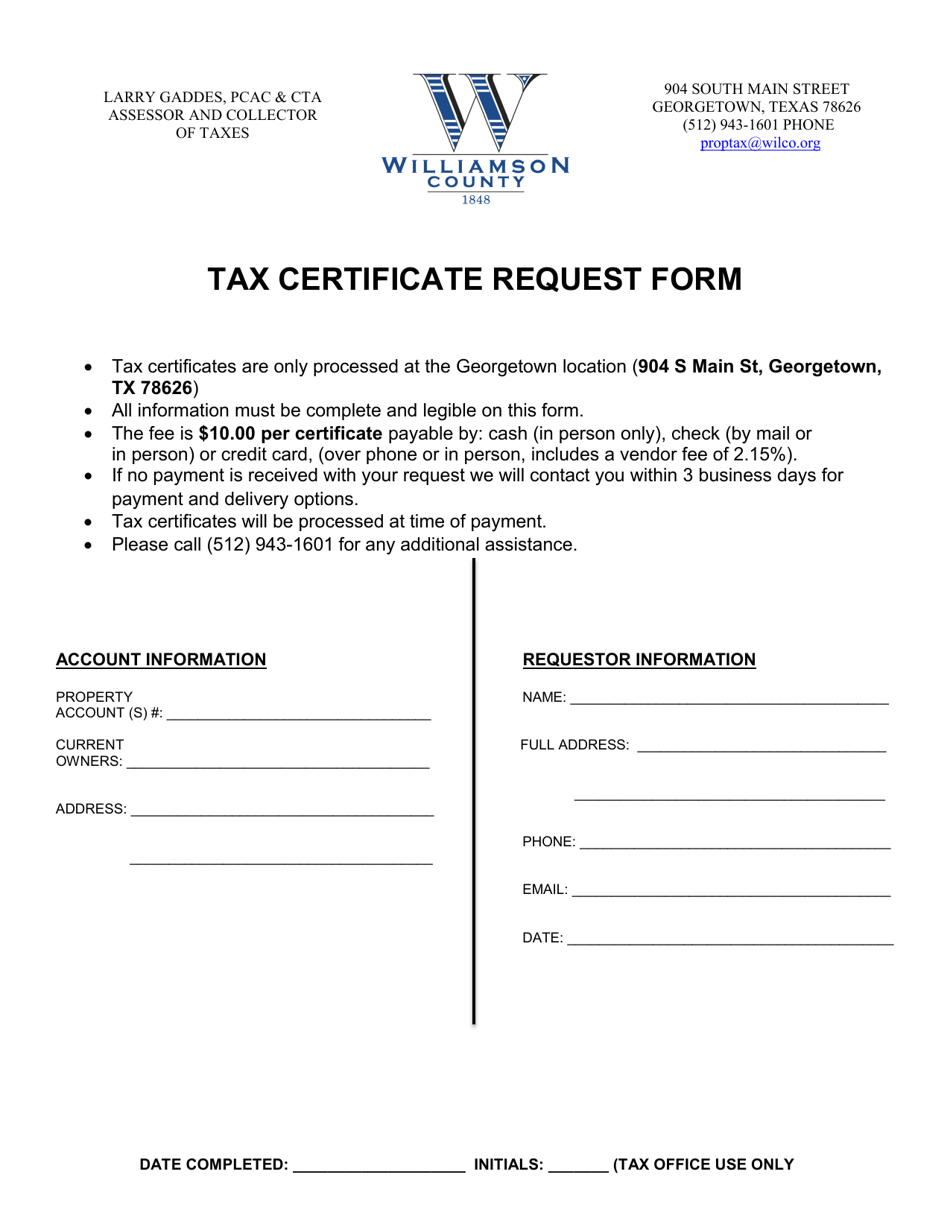 Tax Certificate Request Form - Williamson County, Texas, Page 1