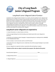 Document preview: Junior Lifeguard Code of Conduct - City of Long Beach, New York