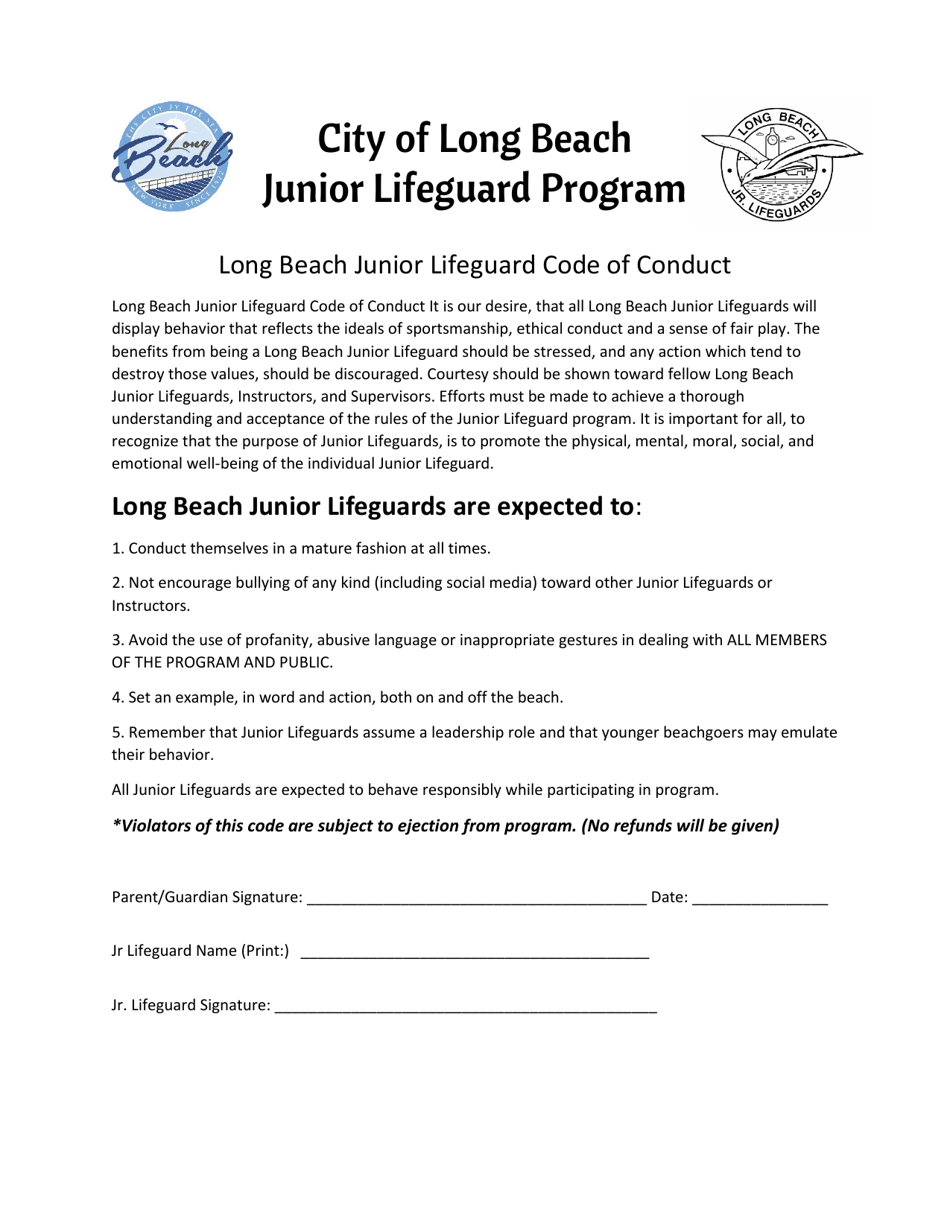 City of Long Beach, New York Junior Lifeguard Code of Conduct Fill