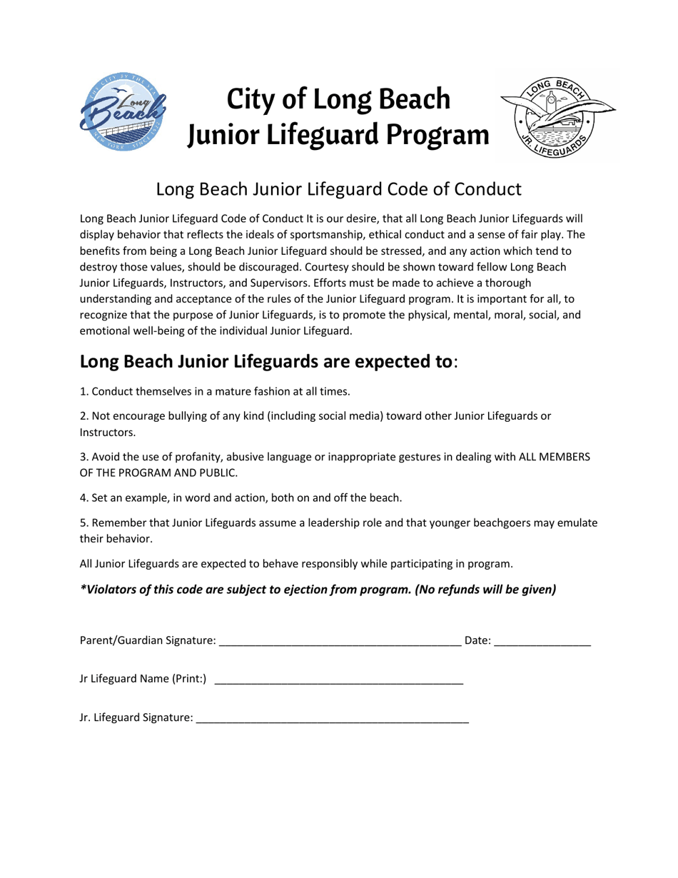 Junior Lifeguard Code of Conduct - City of Long Beach, New York, Page 1
