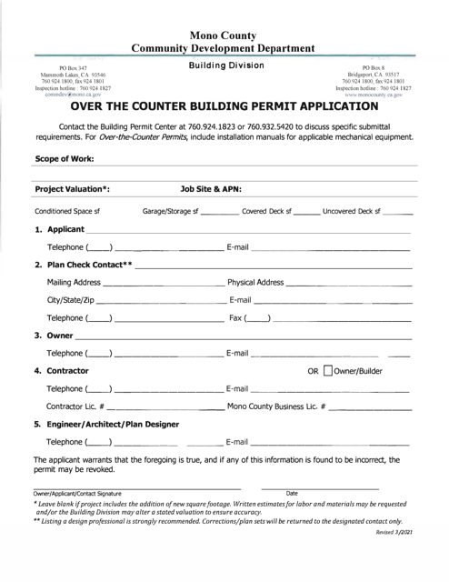 Over the Counter Building Permit Application - Mono County, California