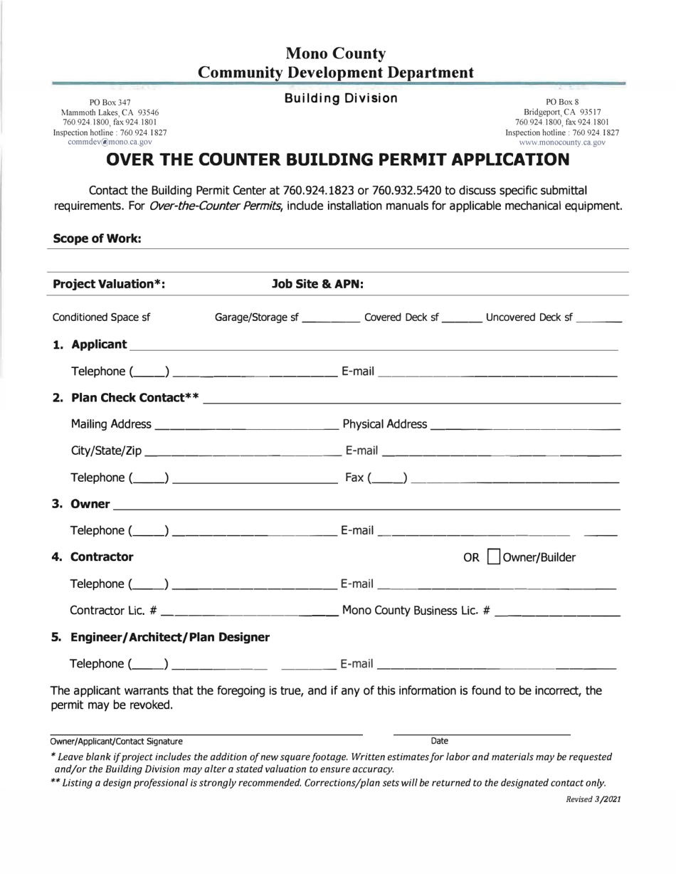 Over the Counter Building Permit Application - Mono County, California, Page 1