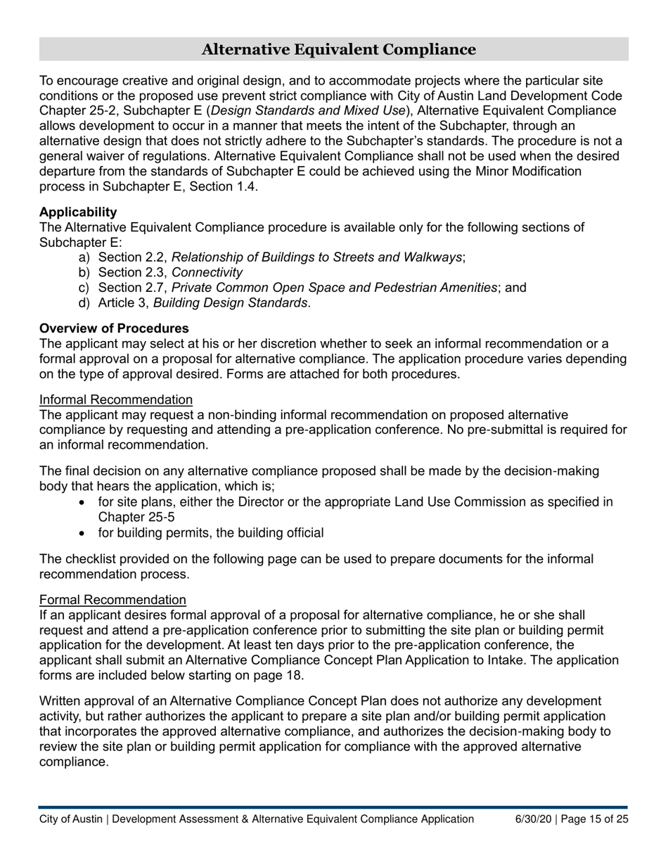 Development Assessment  Alternative Equivalent Compliance Application - City of Austin, Texas, Page 15