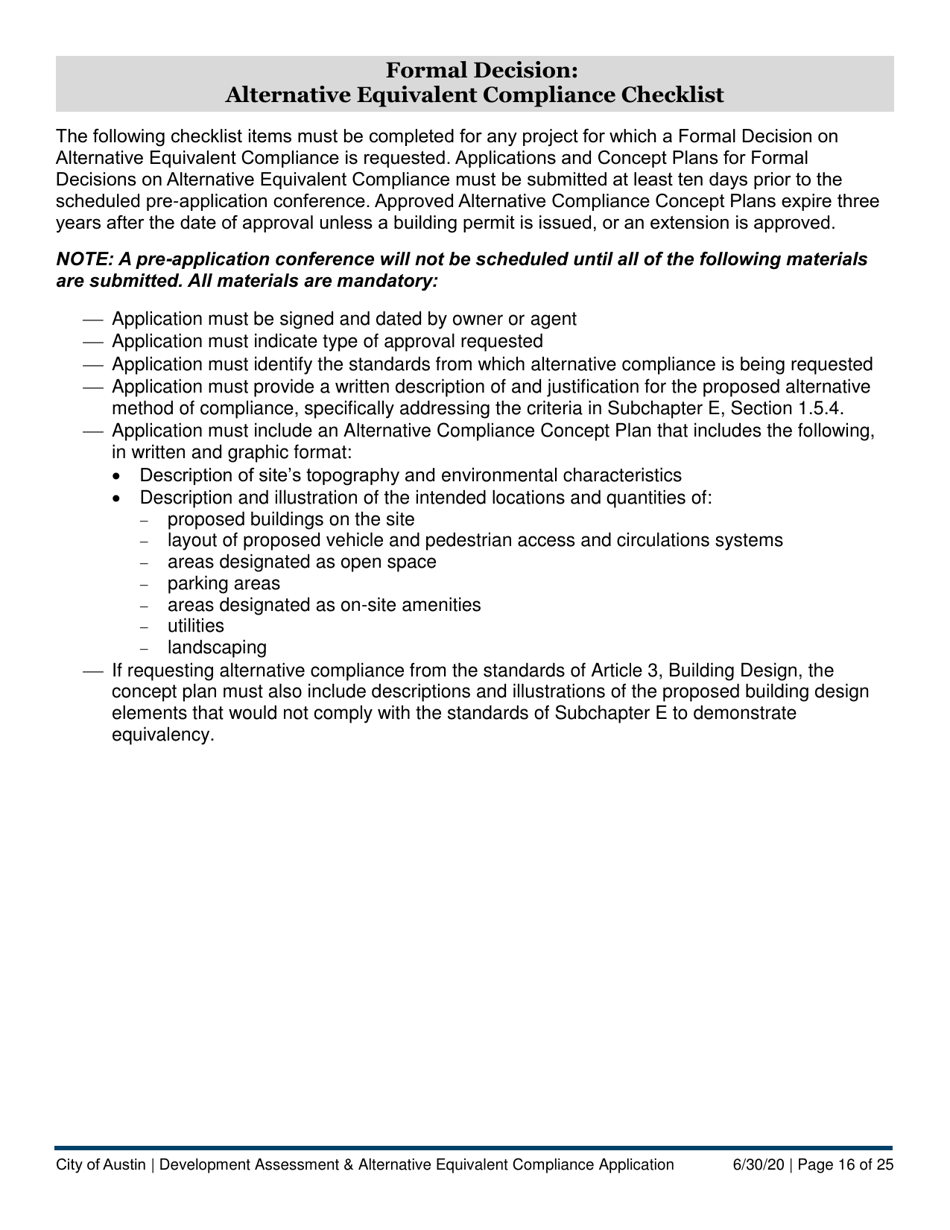 Development Assessment  Alternative Equivalent Compliance Application - City of Austin, Texas, Page 16