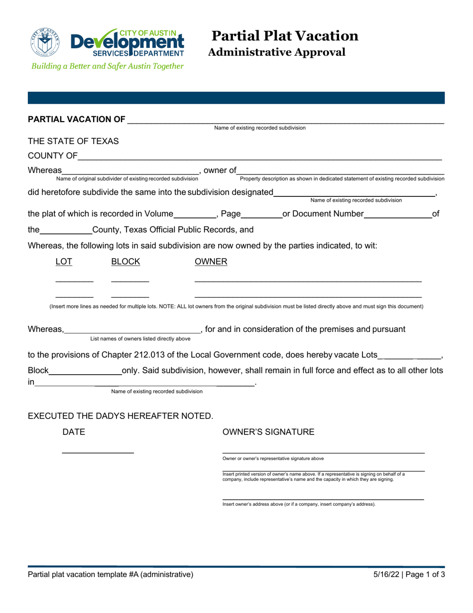Partial Plat Vacation Administrative Approval - City of Austin, Texas, Page 1