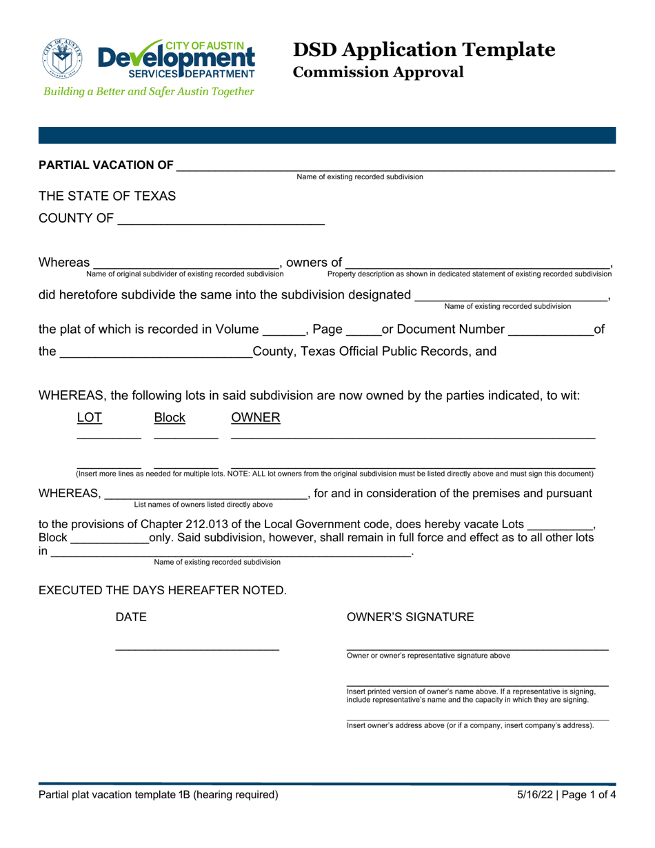 Dsd Application Template Commission Approval - City of Austin, Texas, Page 1