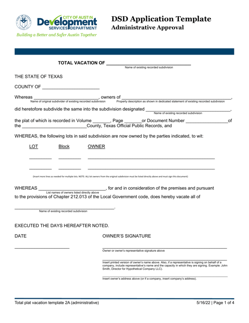 Dsd Application Template - Administrative Approval - City of Austin, Texas