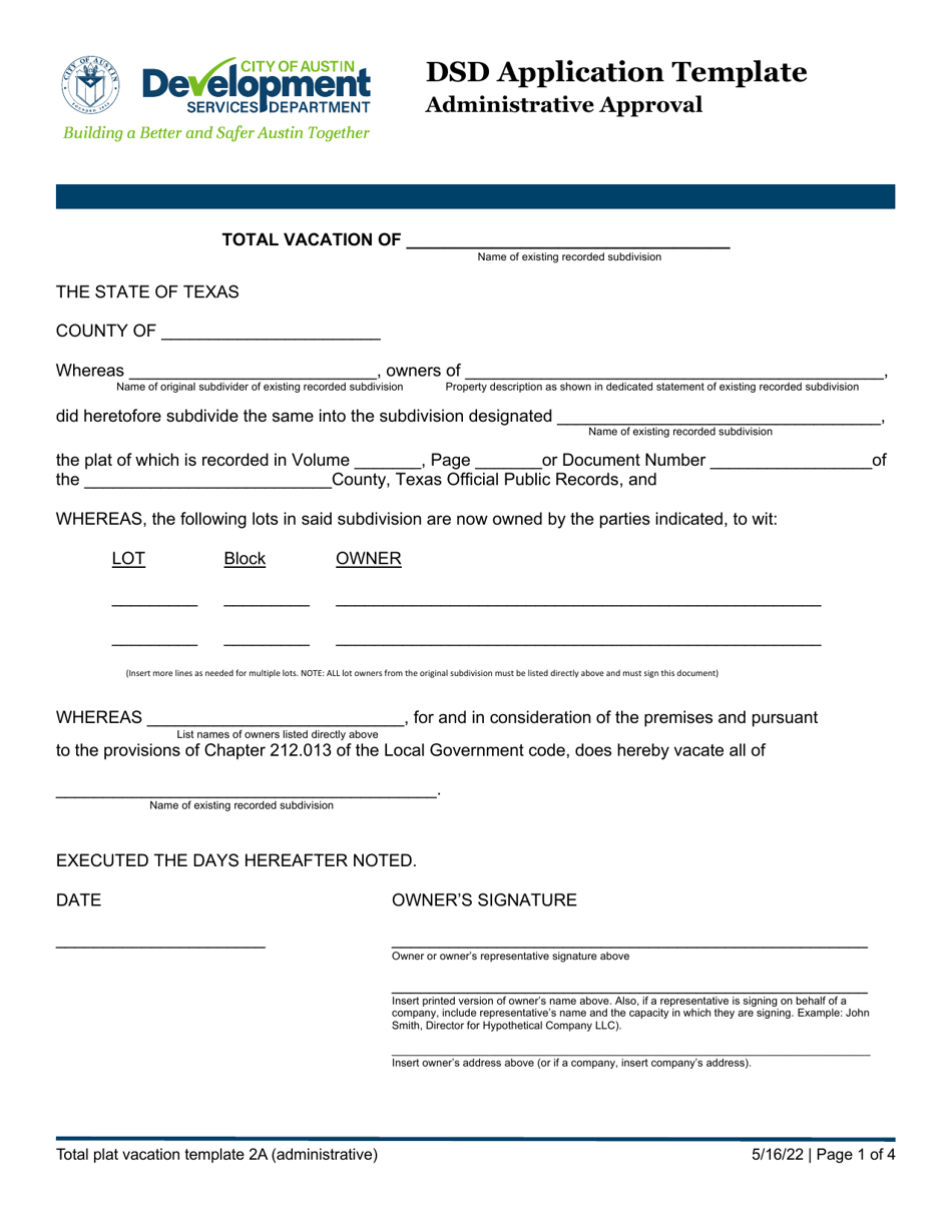 Dsd Application Template - Administrative Approval - City of Austin, Texas, Page 1