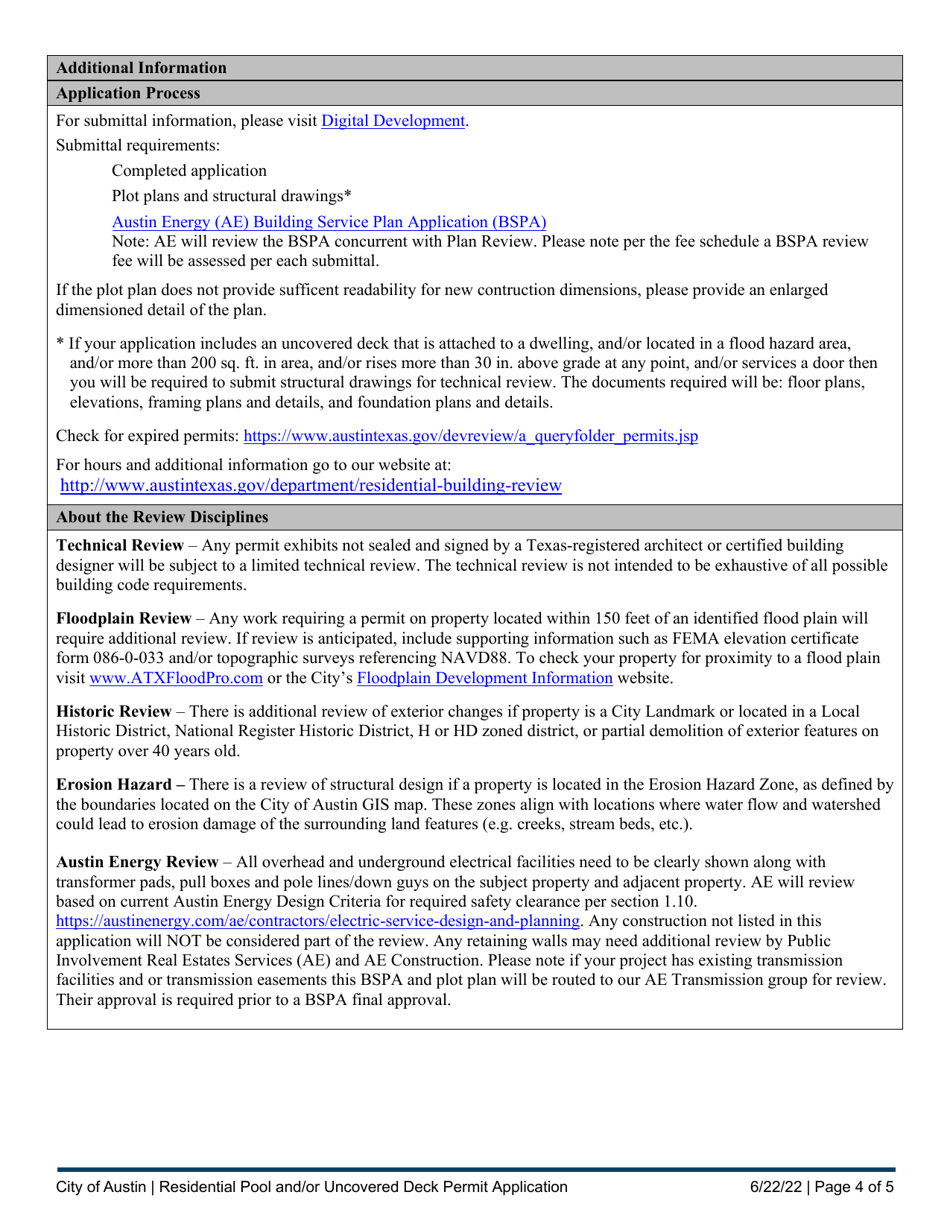 Residential Pool and / or Uncovered Deck Permit Application - City of Austin, Texas, Page 4