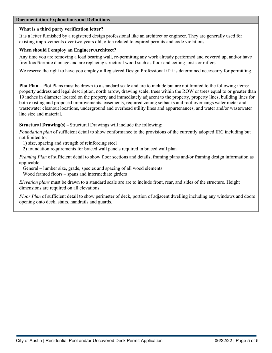 Residential Pool and / or Uncovered Deck Permit Application - City of Austin, Texas, Page 5