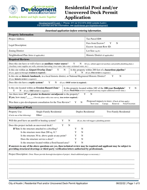 Residential Pool and / or Uncovered Deck Permit Application - City of Austin, Texas Download Pdf