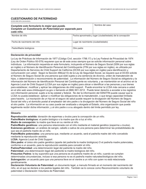 Formulario DCSS0095 SPA Cuestionario De Paternidad - California (Spanish)