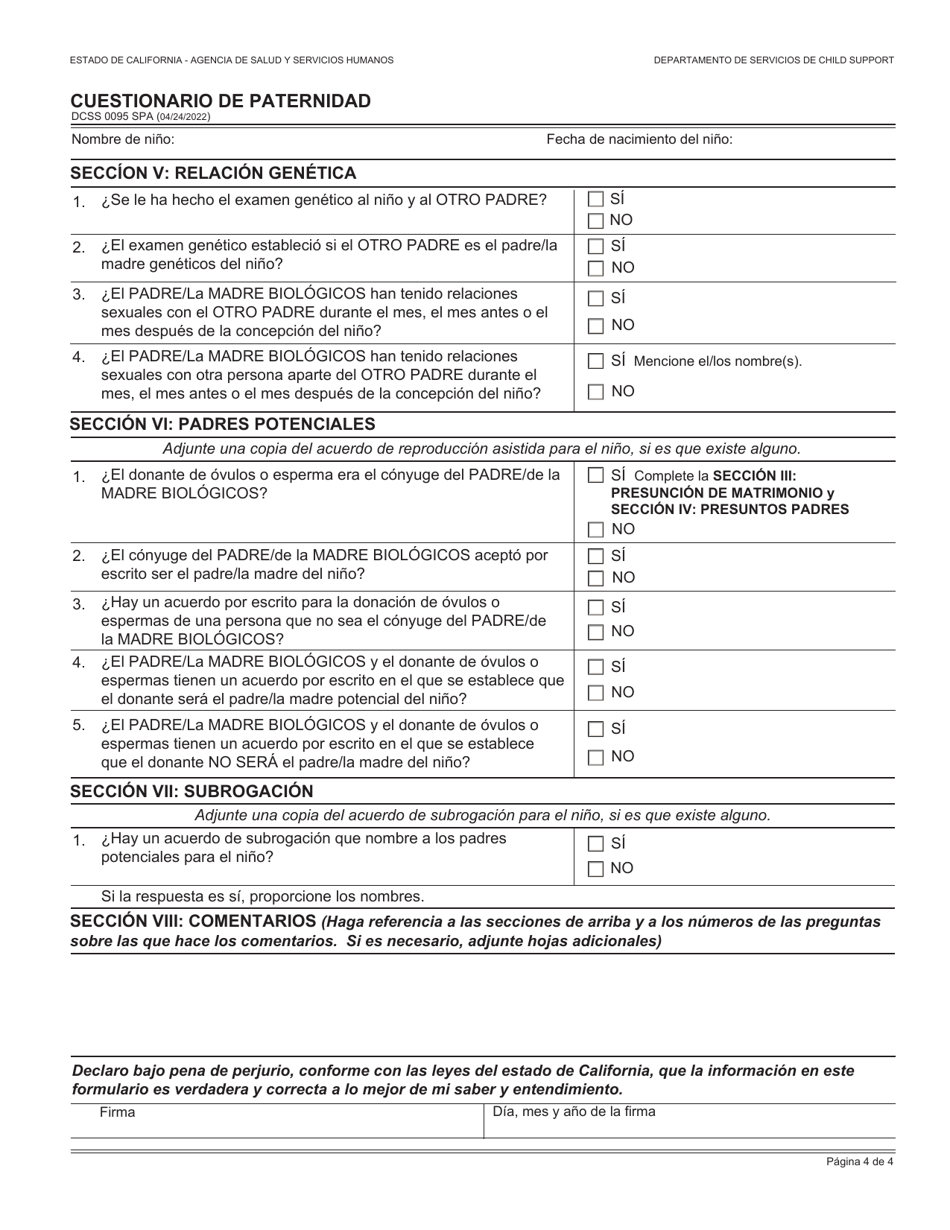 Formulario DCSS0095 SPA Cuestionario De Paternidad - California (Spanish), Page 4