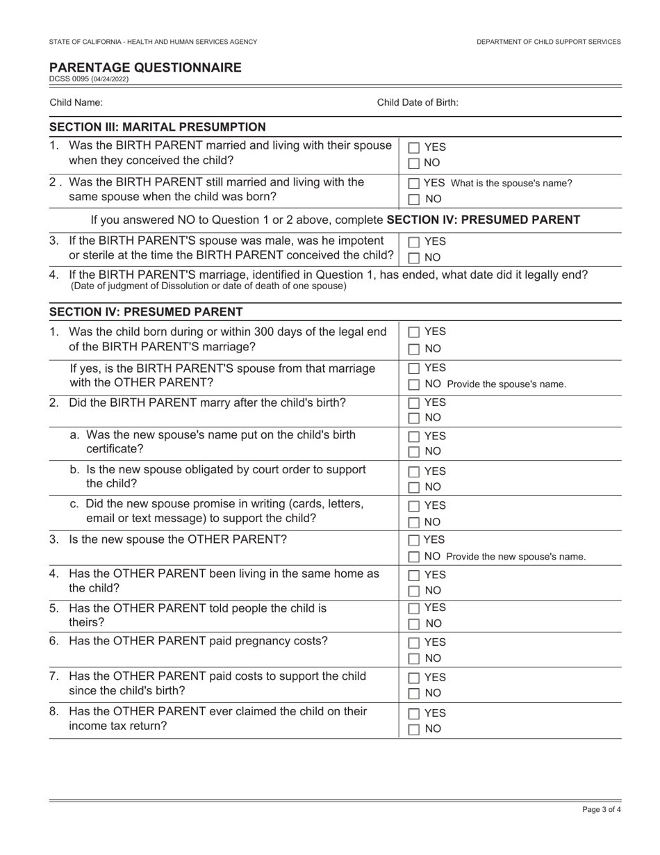 Form DCSS0095 Parentage Questionnaire - California, Page 3