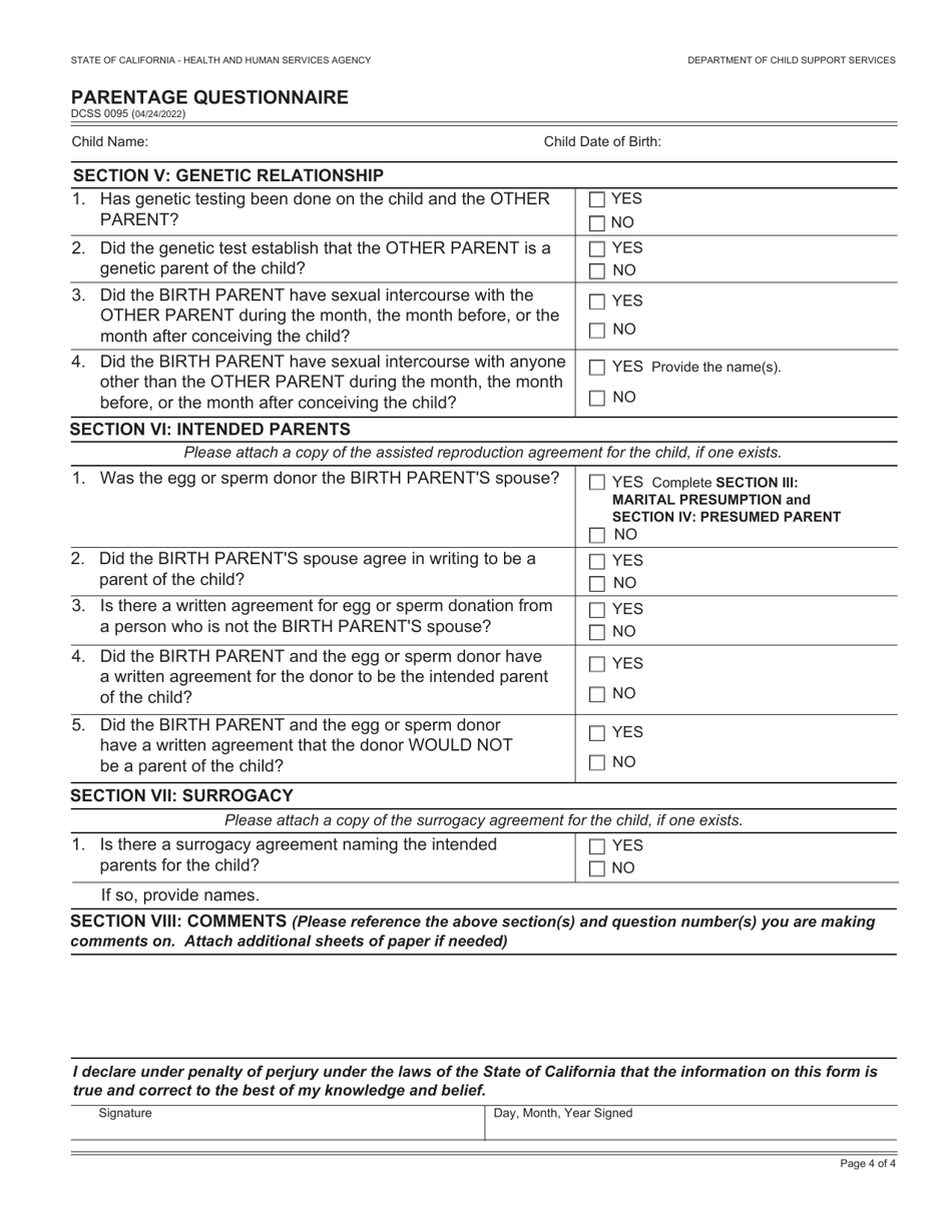 Form DCSS0095 Parentage Questionnaire - California, Page 4