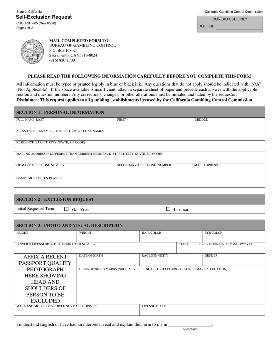 Form CGCC-CH7-05 Self-exclusion Request - California, Page 1