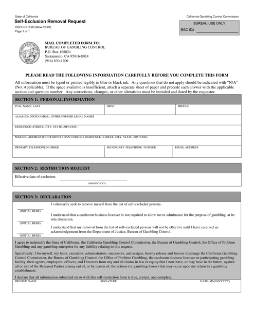Form CGCC-CH7-06 Self-exclusion Removal Request - California