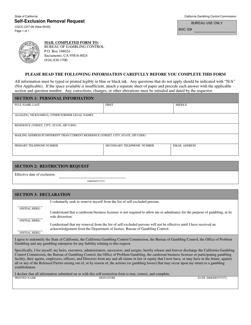 Form CGCC-CH7-06 Self-exclusion Removal Request - California, Page 1