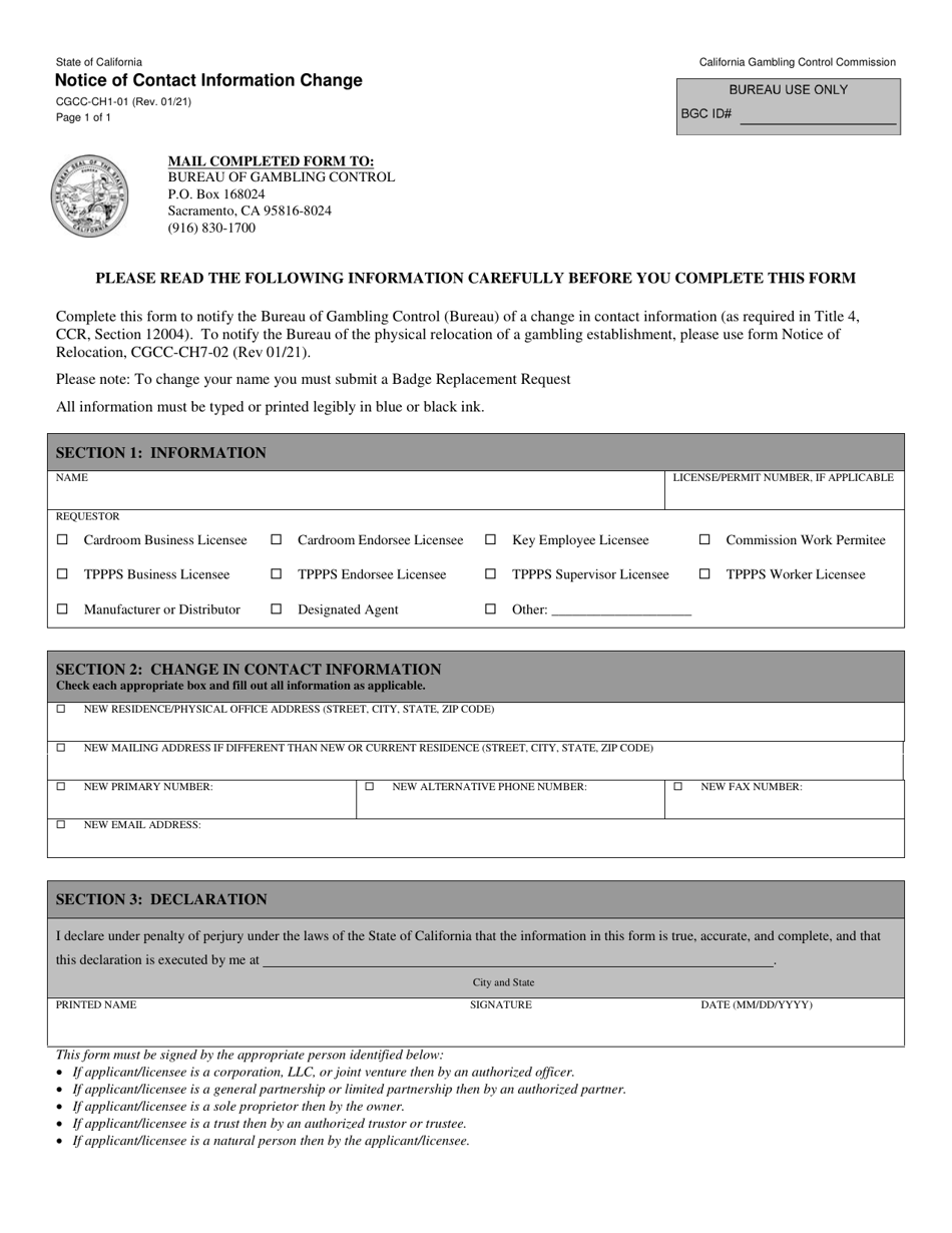 Form CGCC-CH1-01 Notice of Contact Information Change - California, Page 1