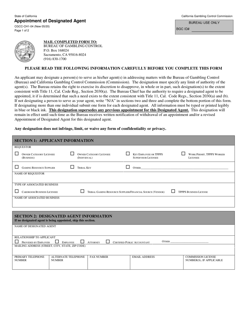 Form CGCC-CH1-04 Appointment of Designated Agent - California, Page 1
