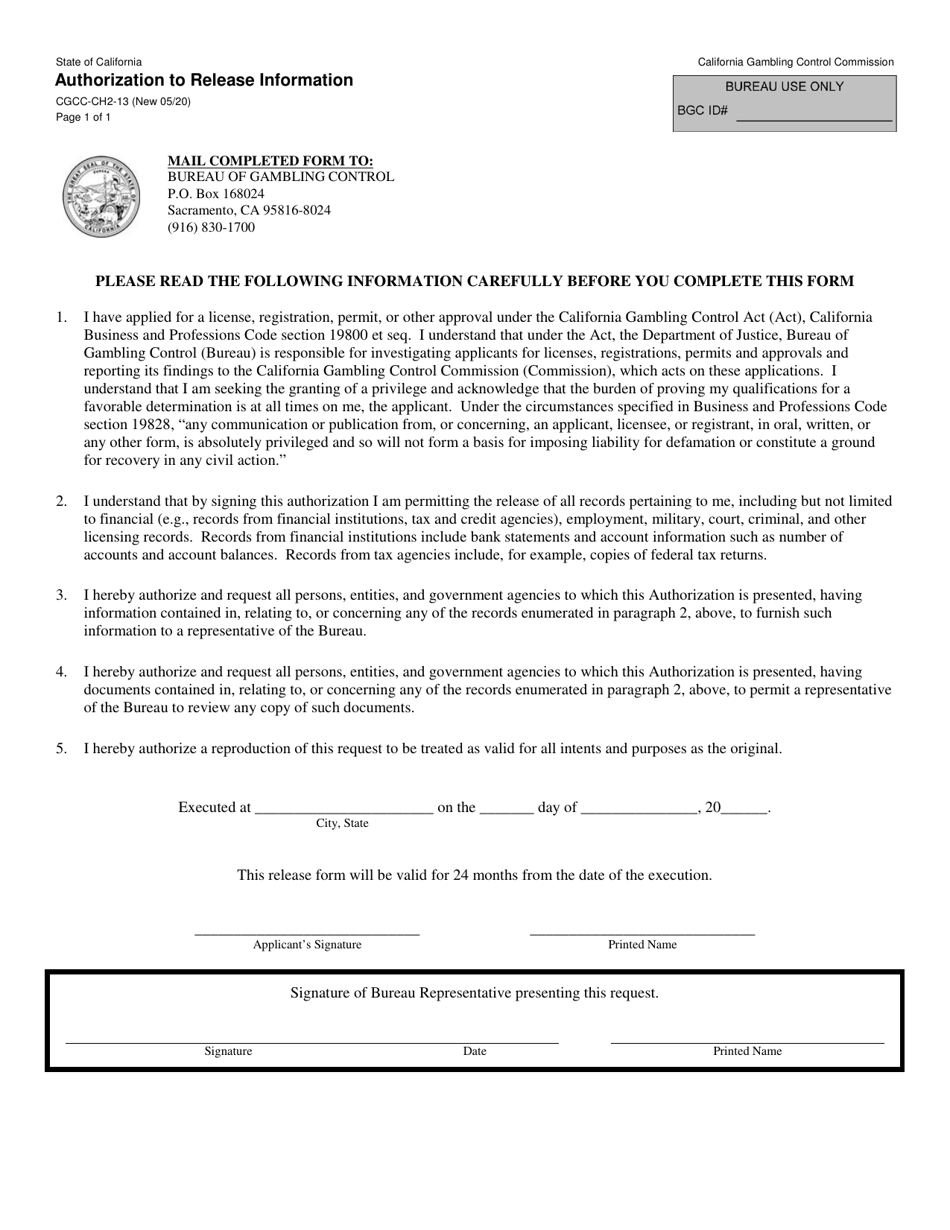 Form CGCC-CH2-13 Authorization to Release Information - California, Page 1