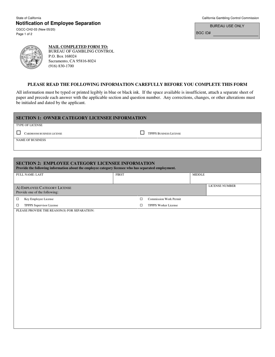 Form CGCC-CH2-03 Notification of Employee Separation - California, Page 1