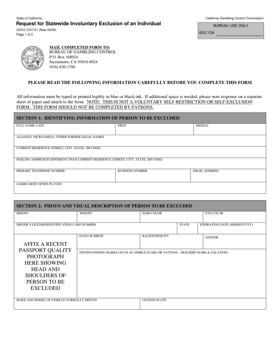 Form CGCC-CH7-01 Request for Statewide Involuntary Exclusion of an Individual - California, Page 1