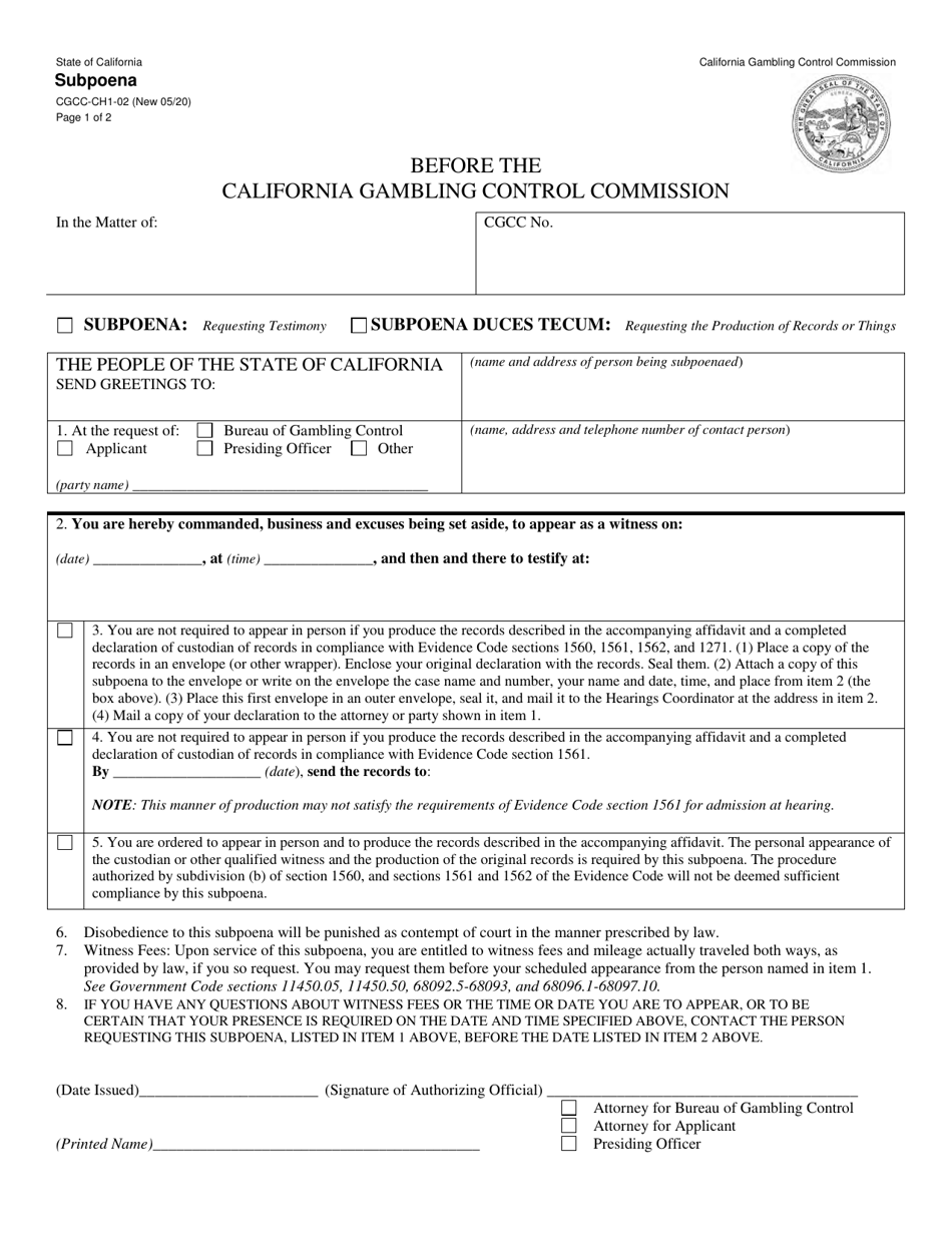 Form CGCC-CH1-02 Subpoena - California, Page 1