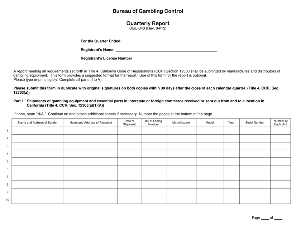 Form BGC-040 Quarterly Report - California, Page 1