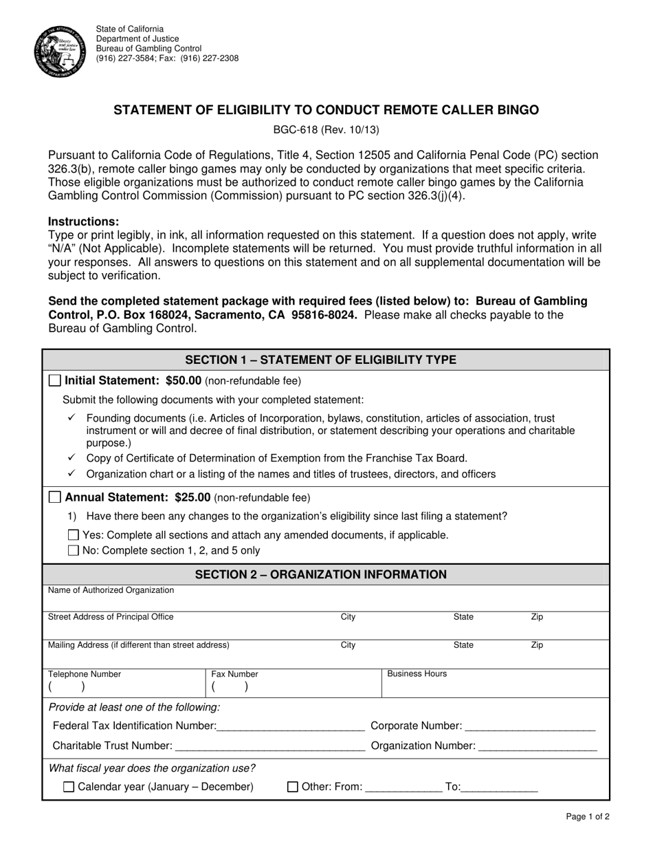 Form BGC-618 Statement of Eligibility to Conduct Remote Caller Bingo - California, Page 1