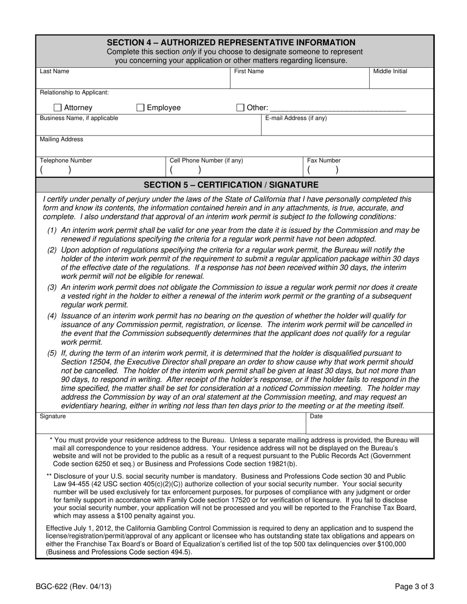 Form BGC-622 Application for Interim Work Permit for Remote Caller Bingo - California, Page 3