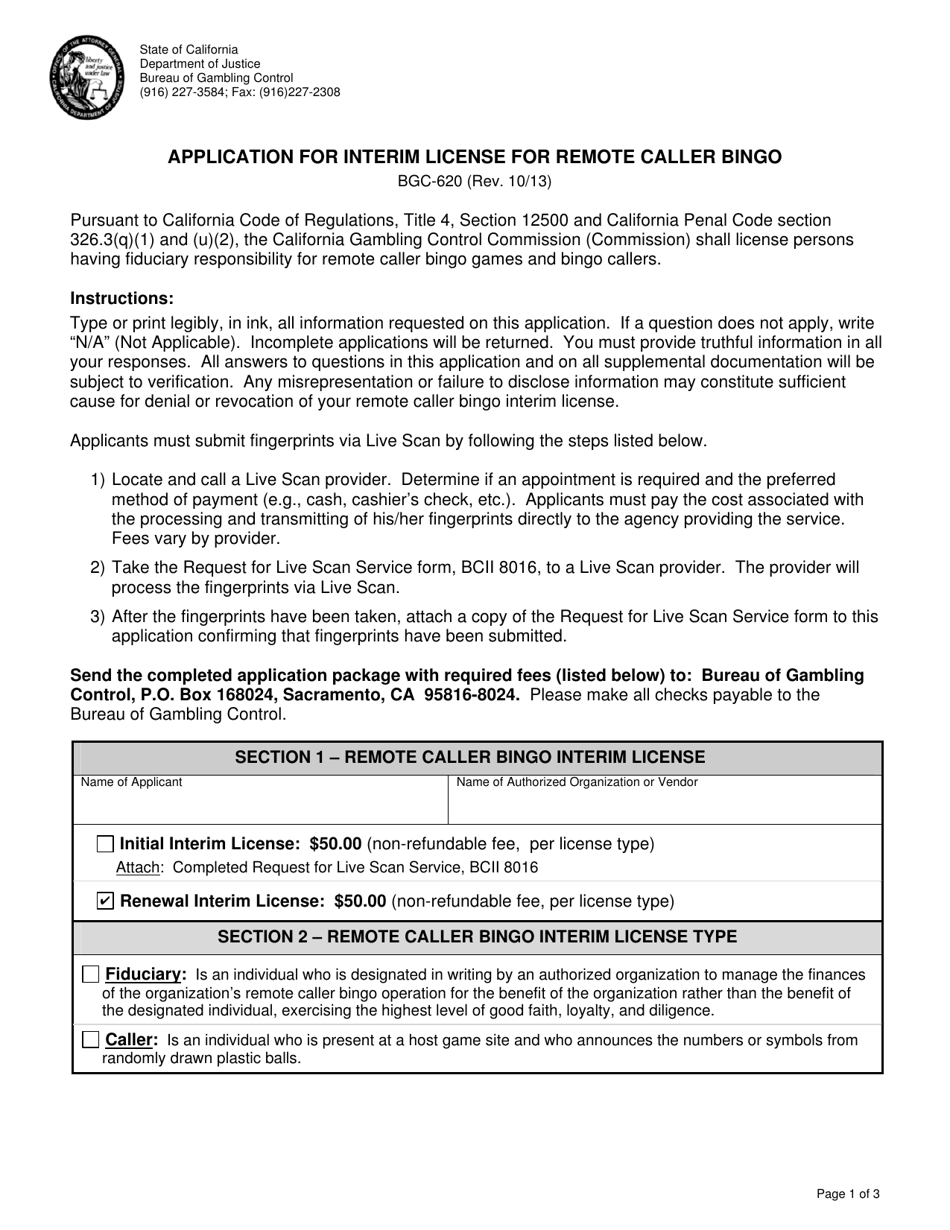 Form BGC-620 Application for Interim License for Remote Caller Bingo - California, Page 1