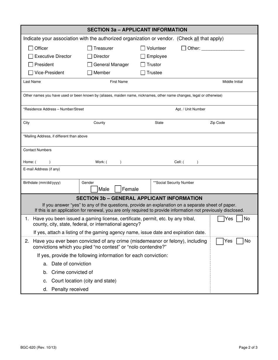 Form BGC-620 Application for Interim License for Remote Caller Bingo - California, Page 2