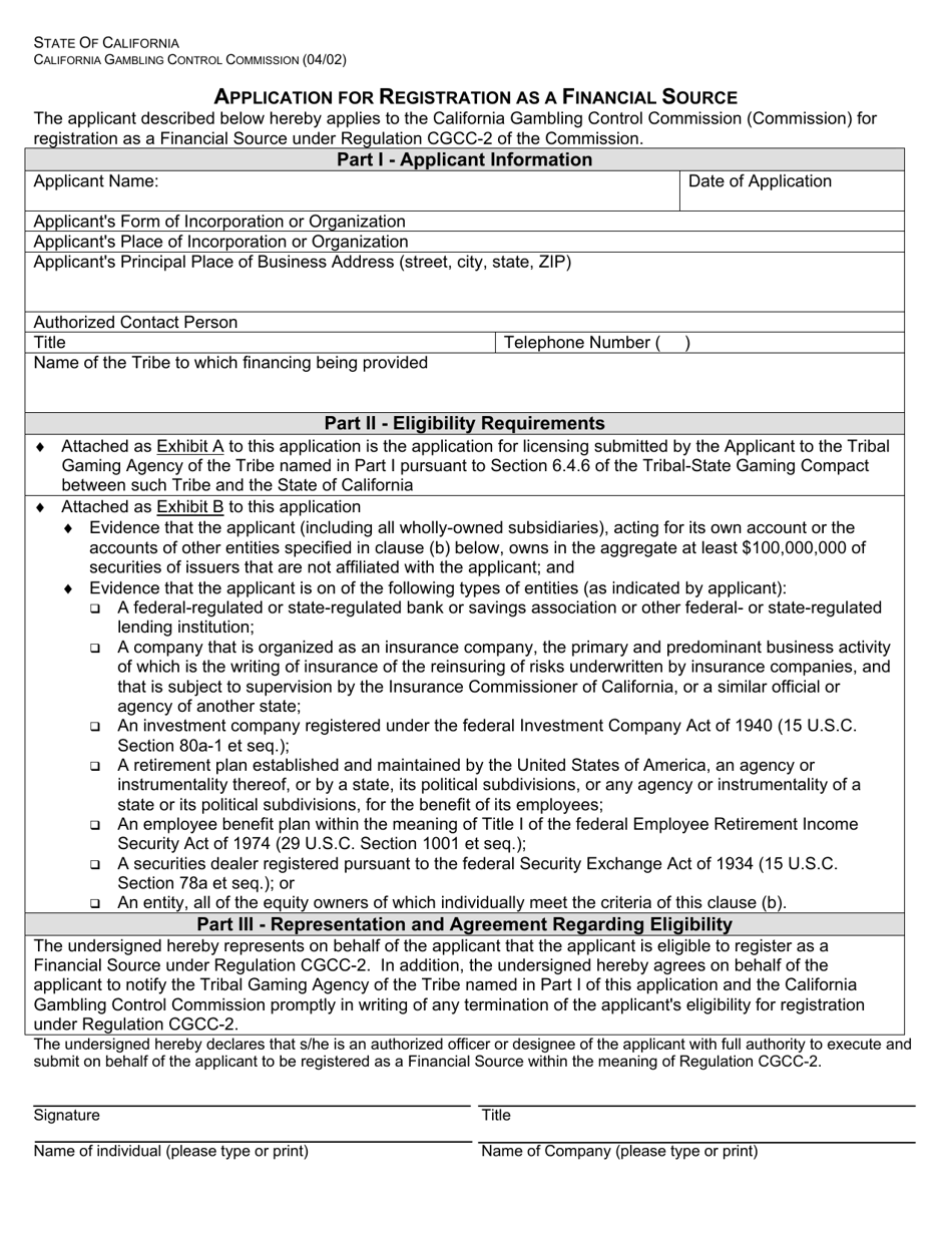 Form CGCC-2 Application for Registration as a Financial Source - California, Page 1