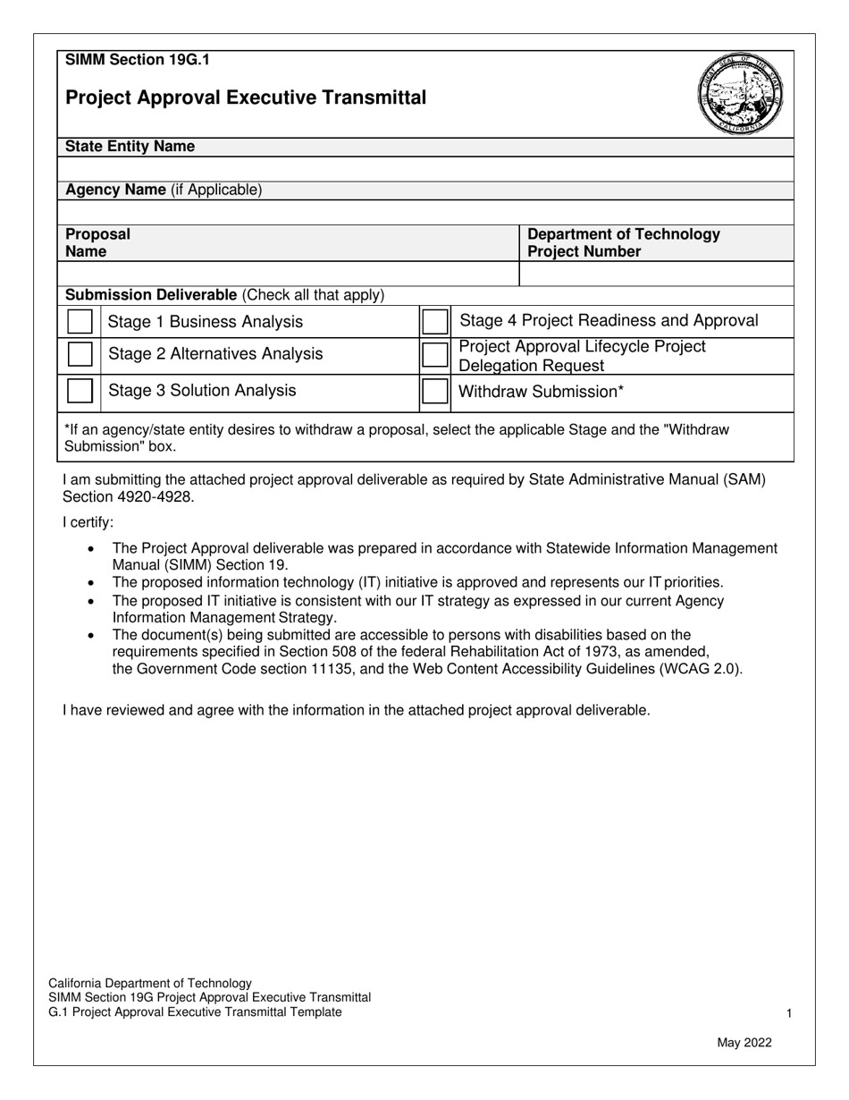 Project Approval Executive Transmittal Template - California, Page 1