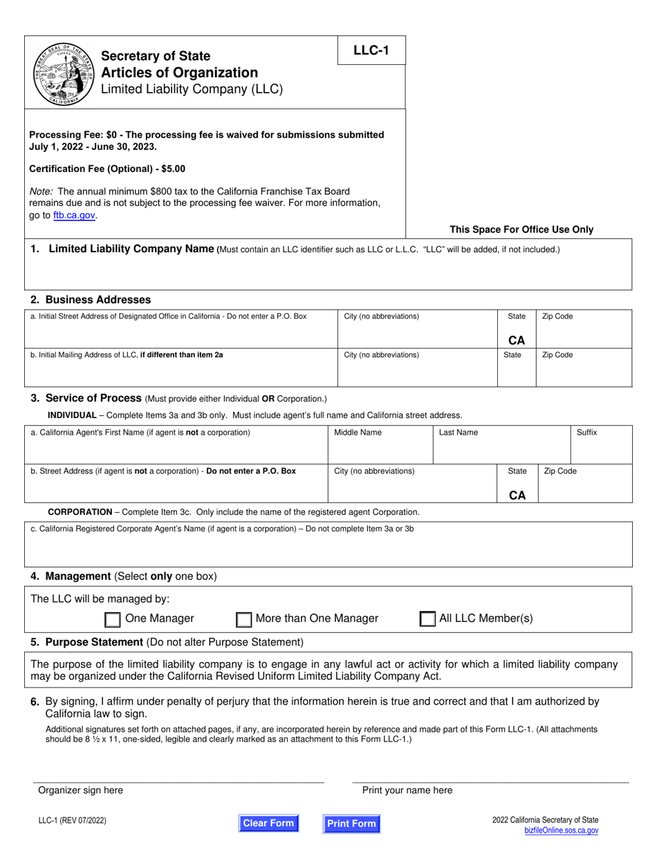 Form LLC-1 Articles of Organization - Limited Liability Company (LLC) - California, Page 2
